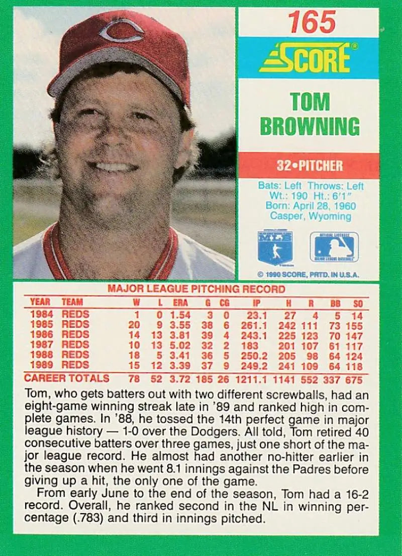 1990 Score #165 Tom Browning EX Excellent Cincinnati Reds Baseball Card - Baseball Card Single