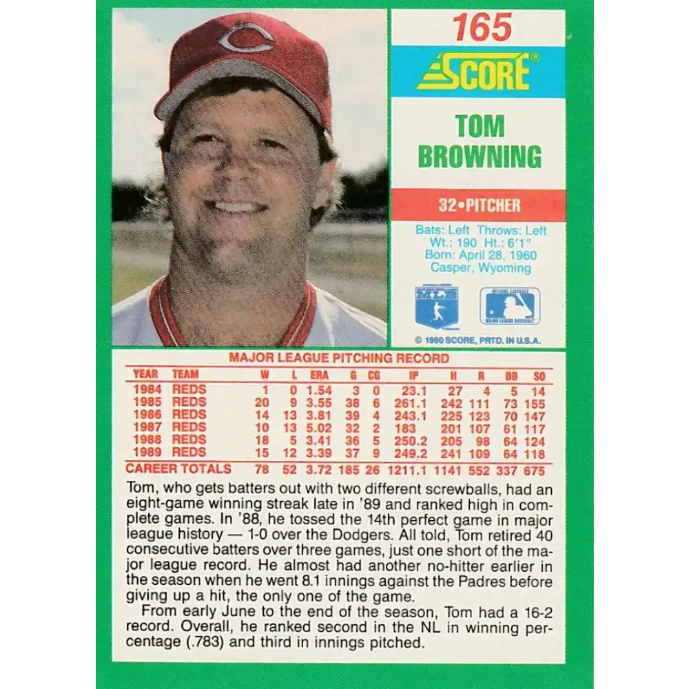 1990 Score #165 Tom Browning NM-MT Cincinnati Reds Baseball Card - Baseball Card Single