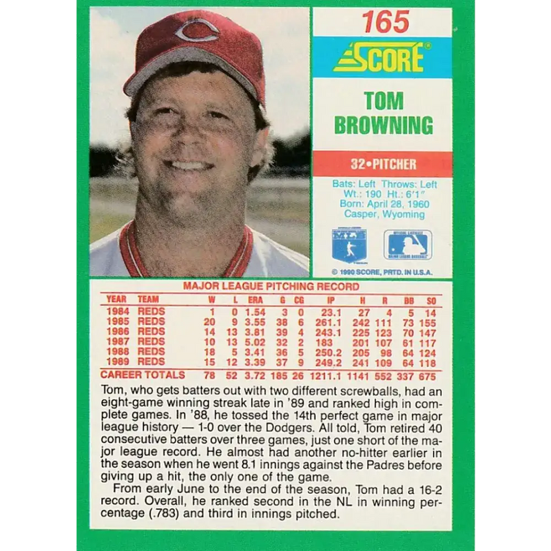 1990 Score #165 Tom Browning NM-MT Cincinnati Reds Baseball Card - Baseball Card Single