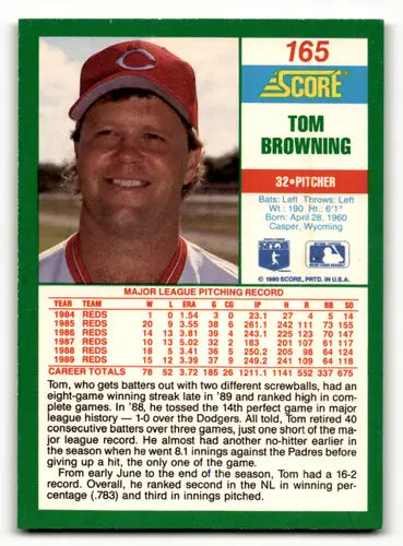 Tom Browning baseball card with original gloss from 1990 Score #165 Reds NM Near Mint