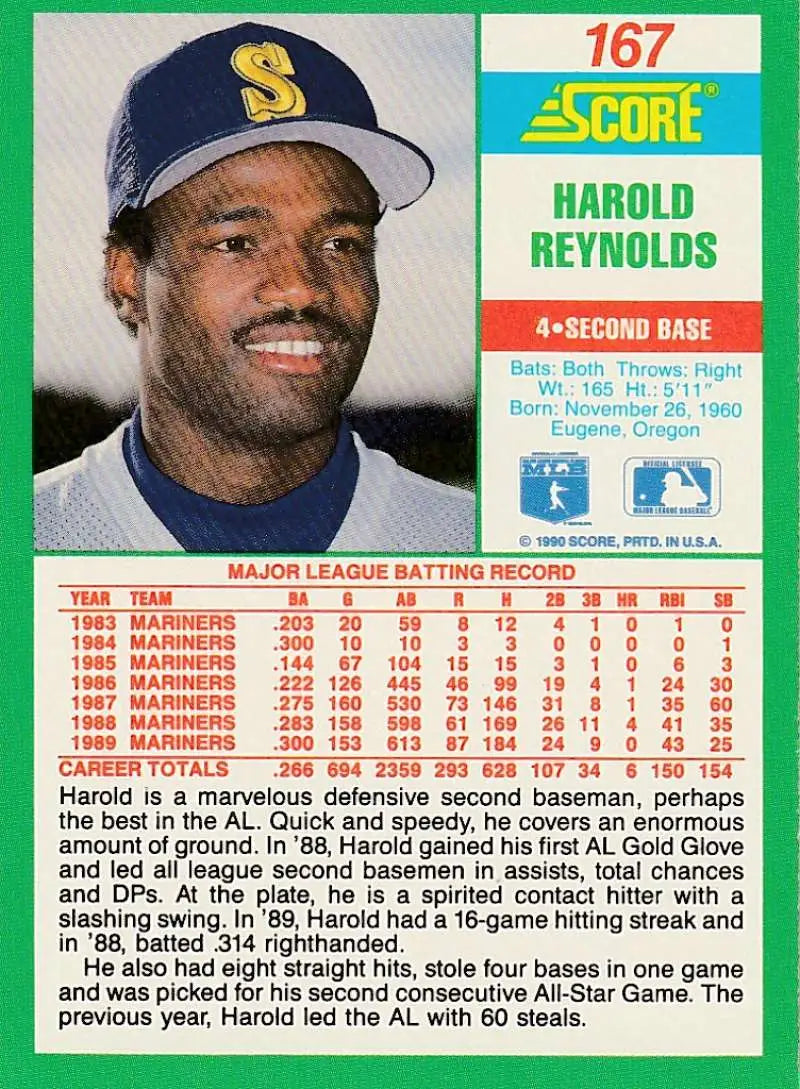 1990 Score #167 Harold Reynolds EX Excellent Seattle Mariners Baseball Card - Baseball Card Single