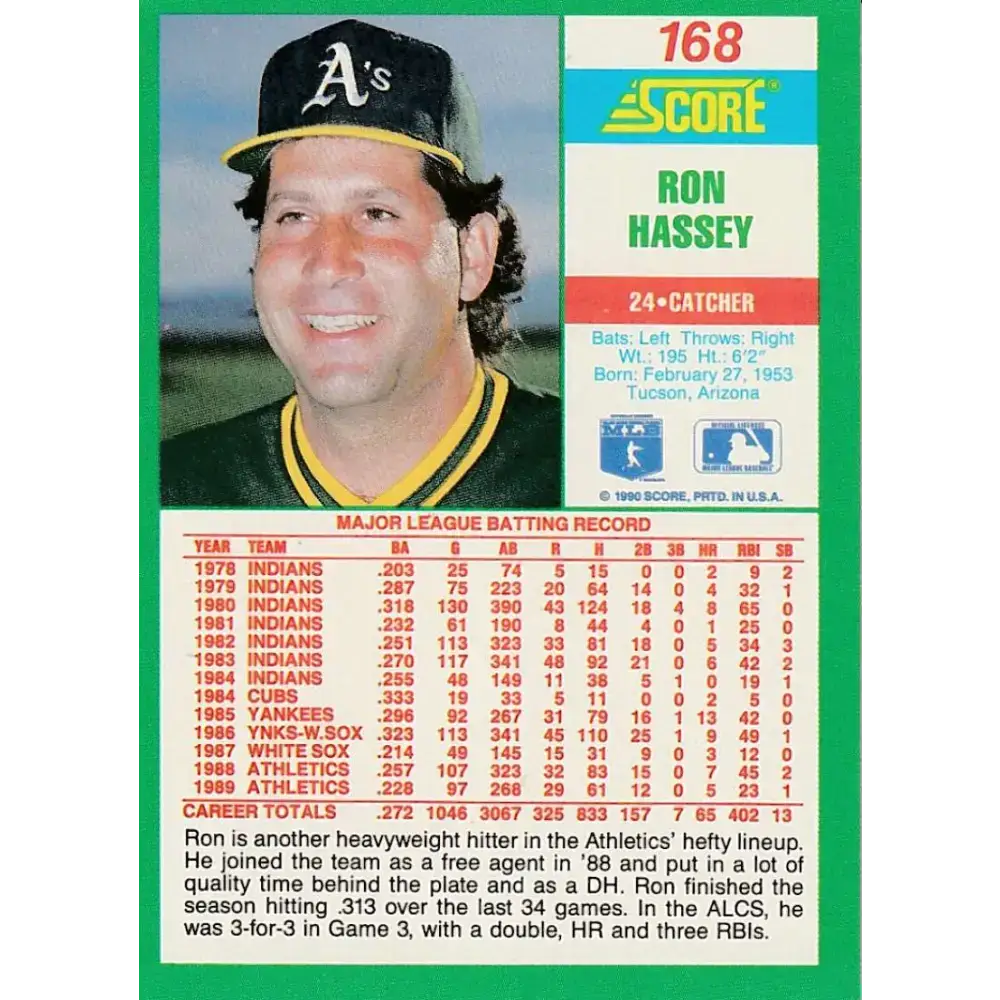 1990 Score #168b Ron Hassey COR NM-MT Oakland Athletics Baseball Card - Baseball Card Single