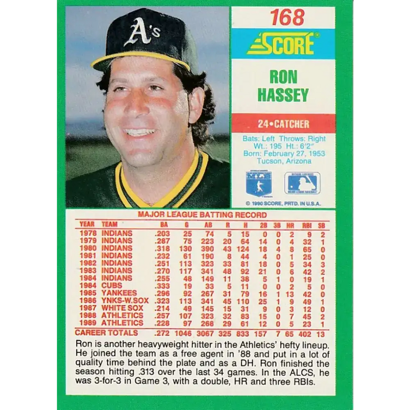 1990 Score #168b Ron Hassey COR NM-MT Oakland Athletics Baseball Card - Baseball Card Single