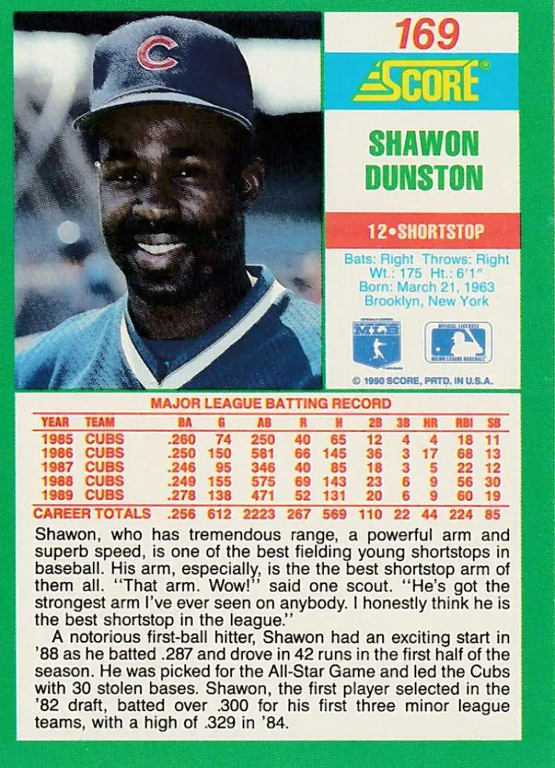 1990 Score #169 Shawon Dunston EX Excellent Chicago Cubs Baseball Card - Baseball Card Single