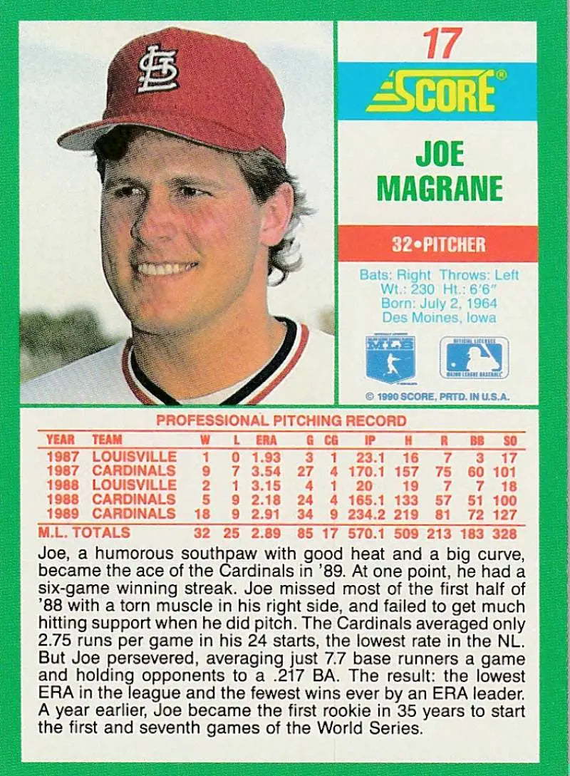 1990 Score #17 Joe Magrane EX Excellent St. Louis Cardinals Baseball Card - Baseball Card Single