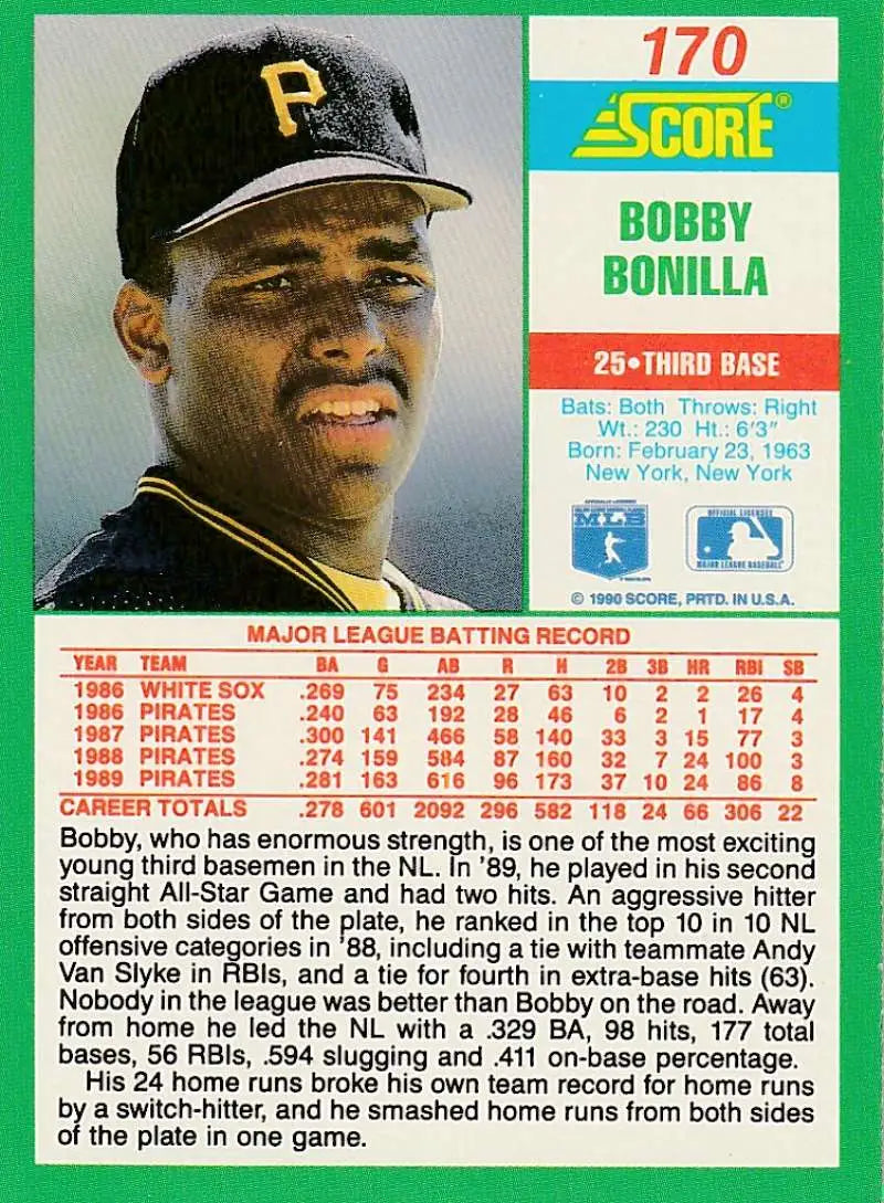 1990 Score #170 Bobby Bonilla EX Excellent Pittsburgh Pirates Baseball Card - Baseball Card Single