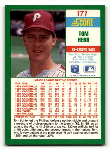 Tom Herr baseball card with original gloss from 1990 Score #171 NM-MT