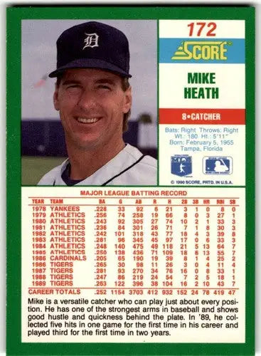 1990 Score Mike Heath baseball card with original gloss displayed in Simply Sandoval store