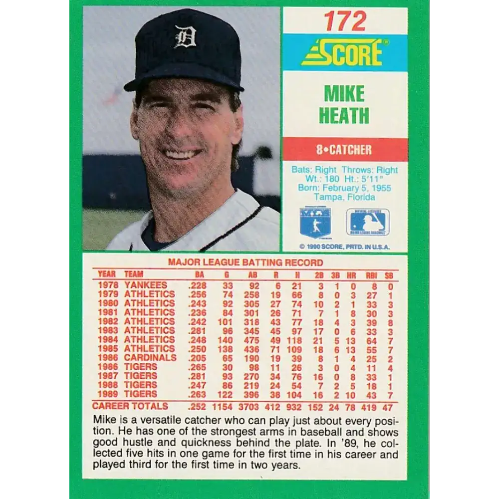 1990 Score #172 Mike Heath NM-MT Detroit Tigers Baseball Card - Baseball Card Single