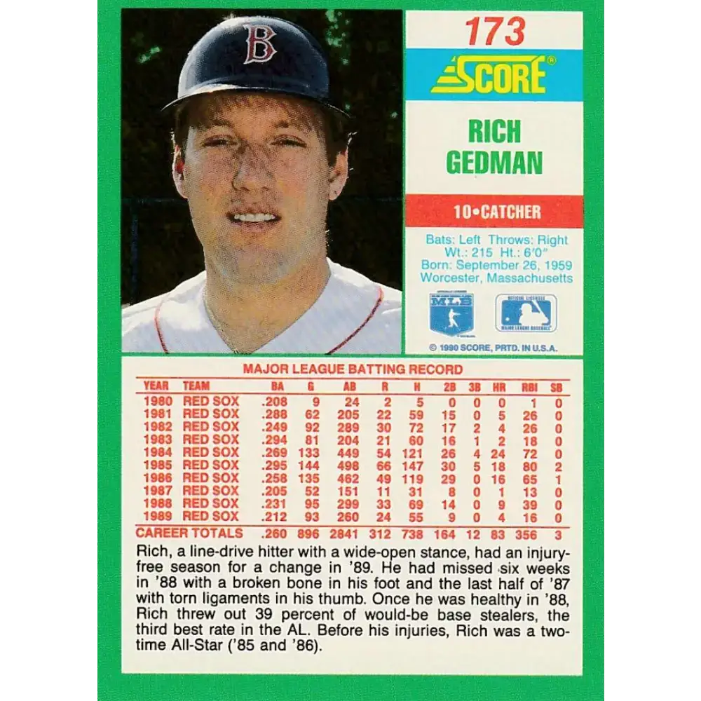 1990 Score #173 Rich Gedman NM-MT Boston Red Sox Baseball Card - Baseball Card Single