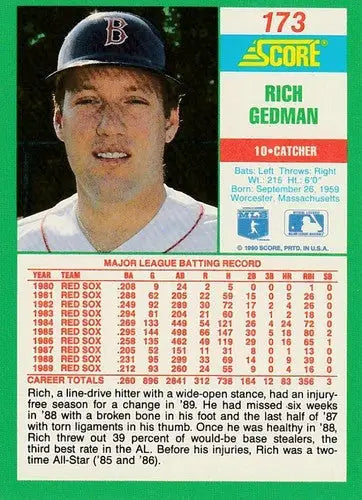 1990 Score #173 Rich Gedman NM-MT Red Sox - Baseball Card Single