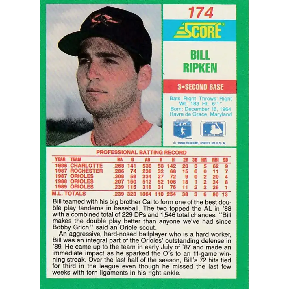 1990 Score #174 Billy Ripken NM-MT Baltimore Orioles Baseball Card - Baseball Card Single