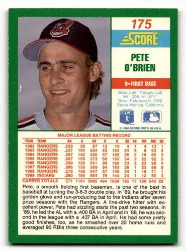 1990 Score #175 Pete O’Brien Cleveland Indians Baseball Cards EX/NM ID:58551 - Baseball Card Single
