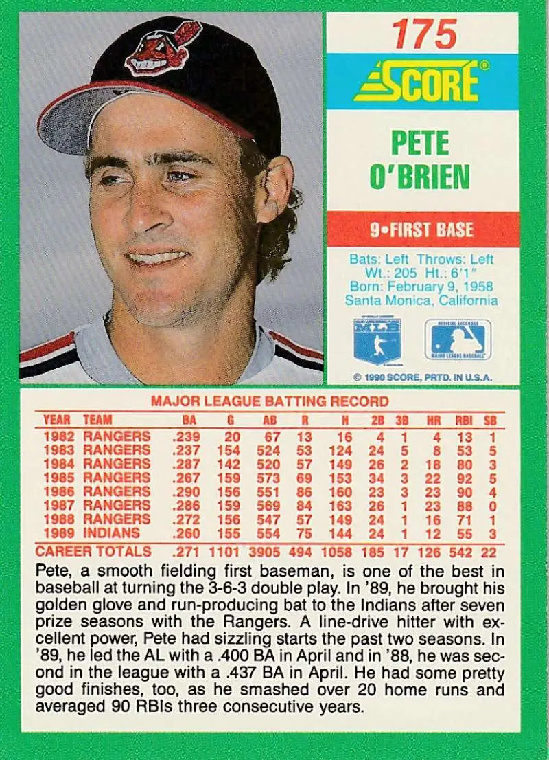 1990 Score #175 Pete O’Brien EX Excellent Cleveland Indians Baseball Card - Baseball Card Single