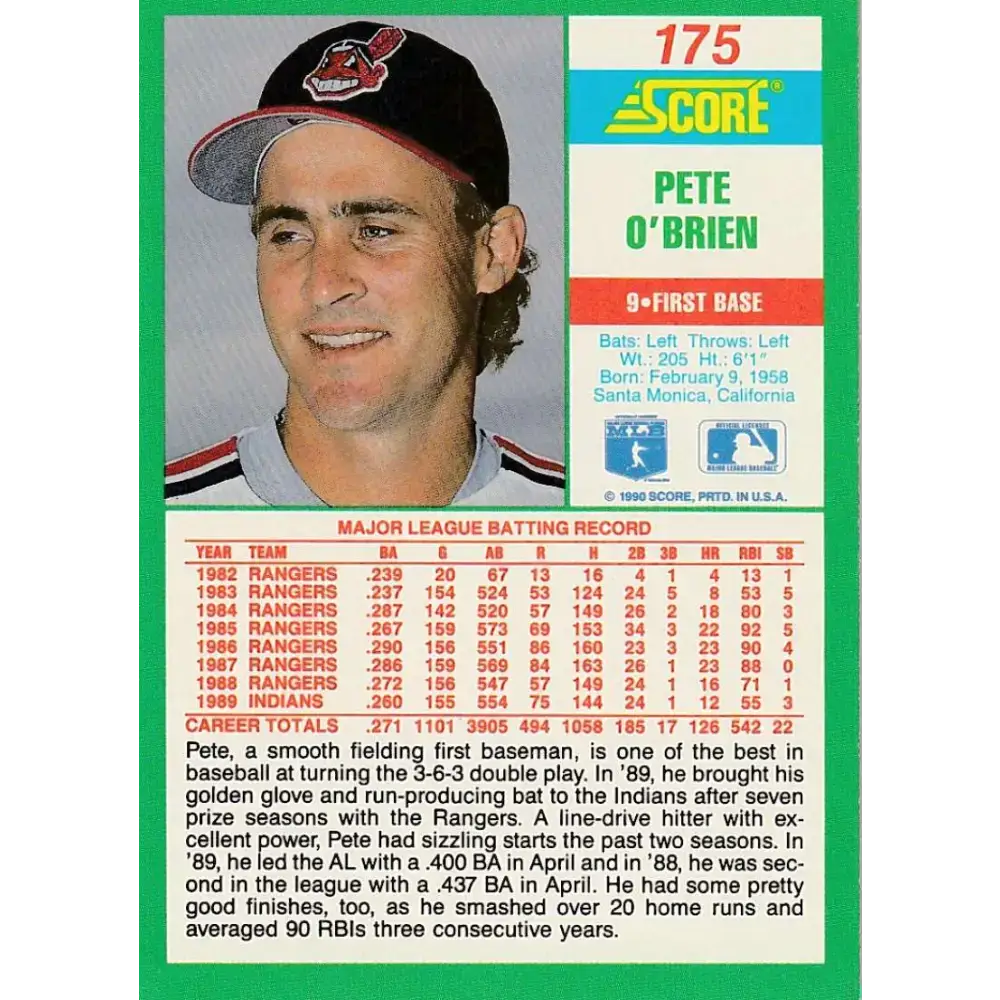 1990 Score #175 Pete O’Brien NM-MT Cleveland Indians Baseball Card - Baseball Card Single