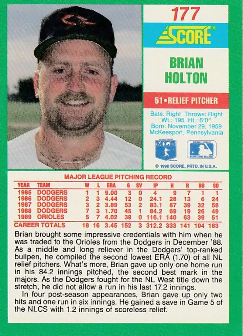 1990 Score #177 Brian Holton EX Excellent Baltimore Orioles Baseball Card - Baseball Card Single