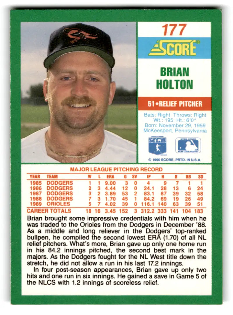 1990 Score #177 Brian Holton NM-MT Orioles ID:70061 - Baseball Card Single