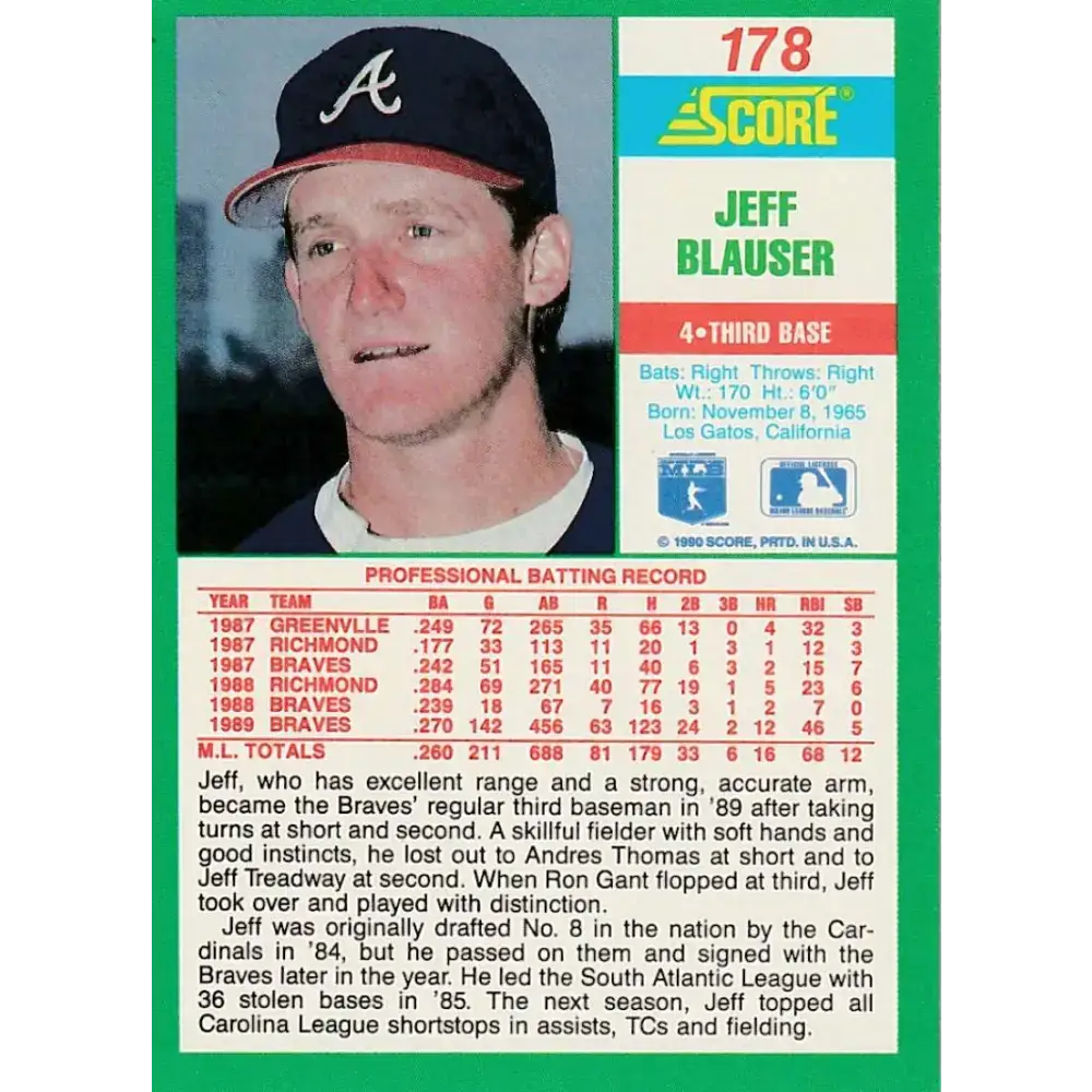 1990 Score #178 Jeff Blauser NM-MT Atlanta Braves Baseball Card - Baseball Card Single