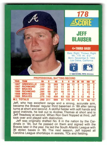 Original gloss 1990 Score Jeff Blauser baseball card NM-MT Braves ID 70031