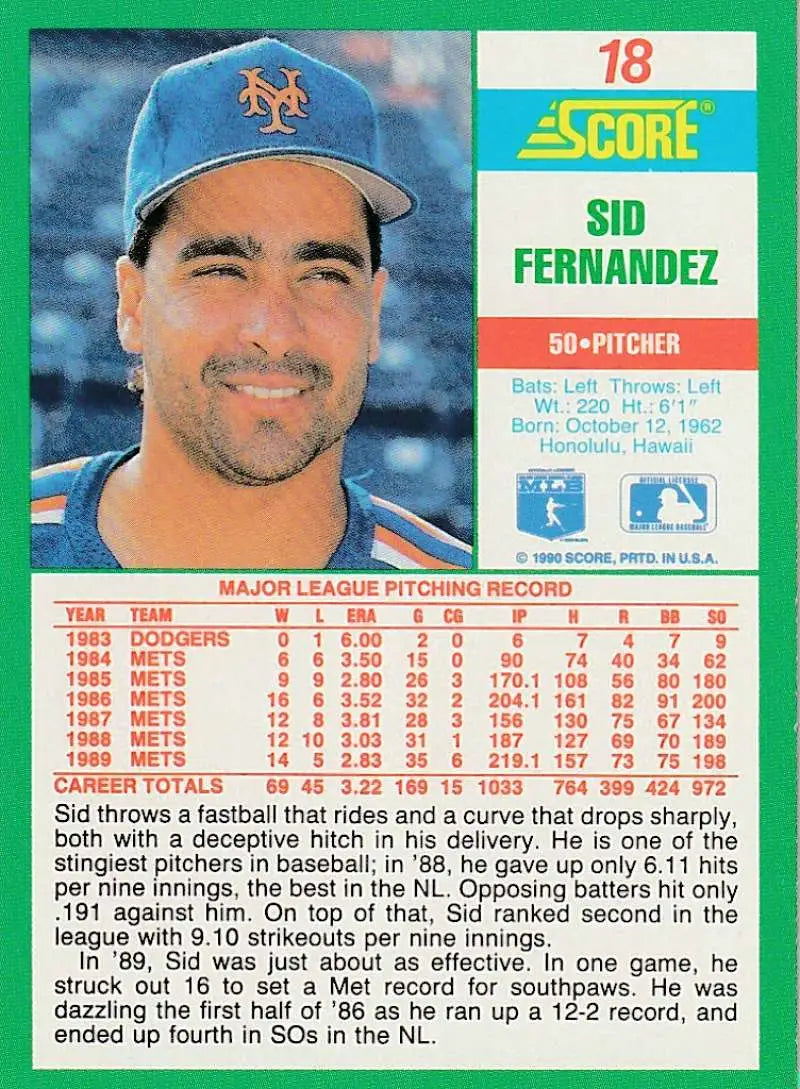 1990 Score #18 Sid Fernandez EX Excellent New York Mets Baseball Card - Baseball Card Single