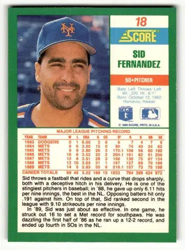 1990 Score #18 Sid Fernandez New York Mets Baseball Cards ID:52791 - Baseball Card Single