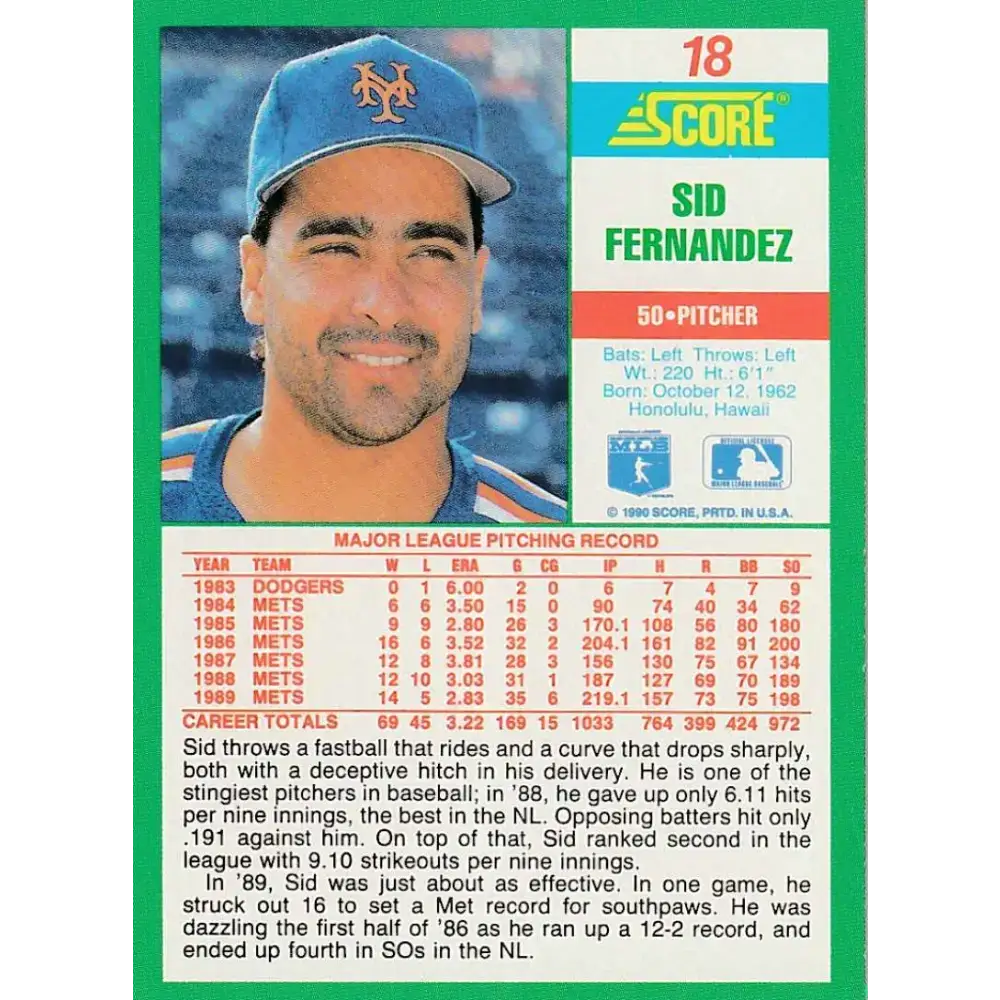 1990 Score #18 Sid Fernandez NM-MT New York Mets Baseball Card - Baseball Card Single