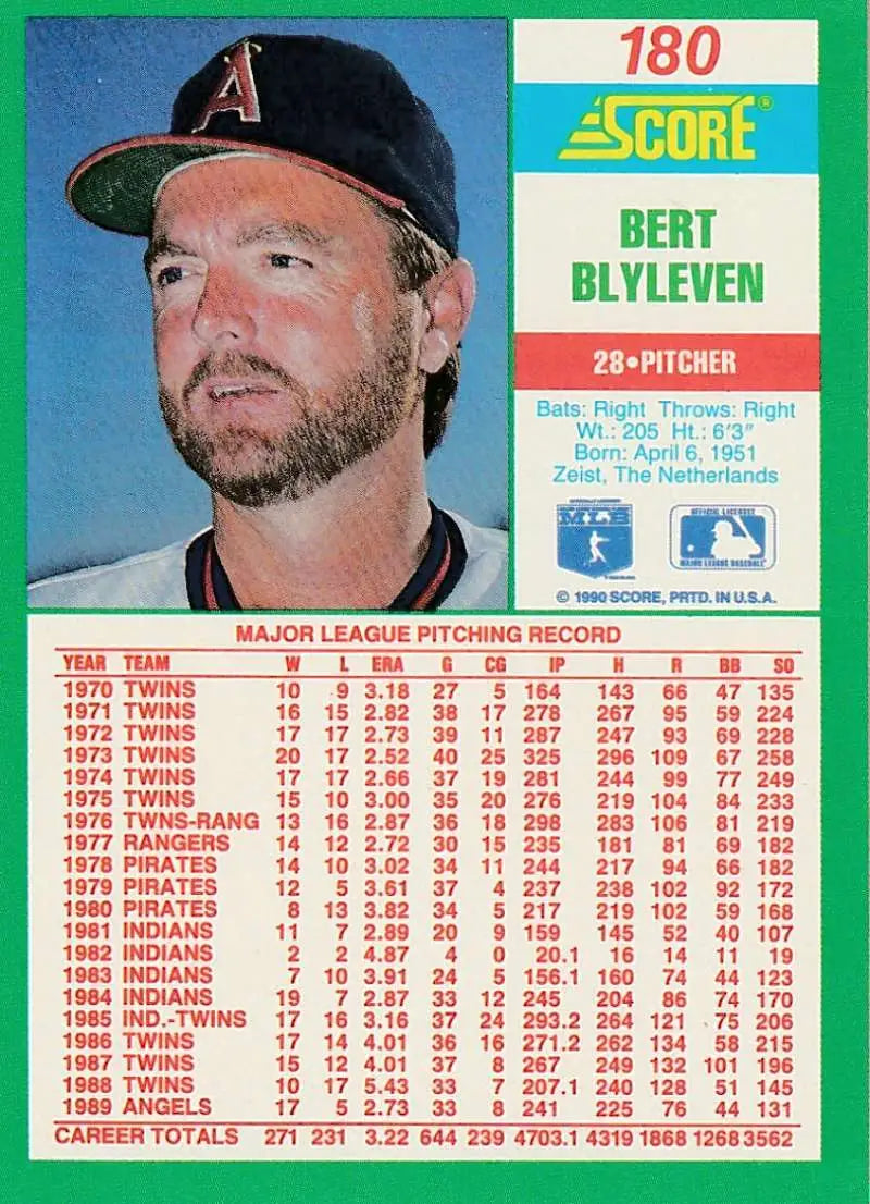 1990 Score #180 Bert Blyleven EX Excellent California Angels Baseball Card - Baseball Card Single