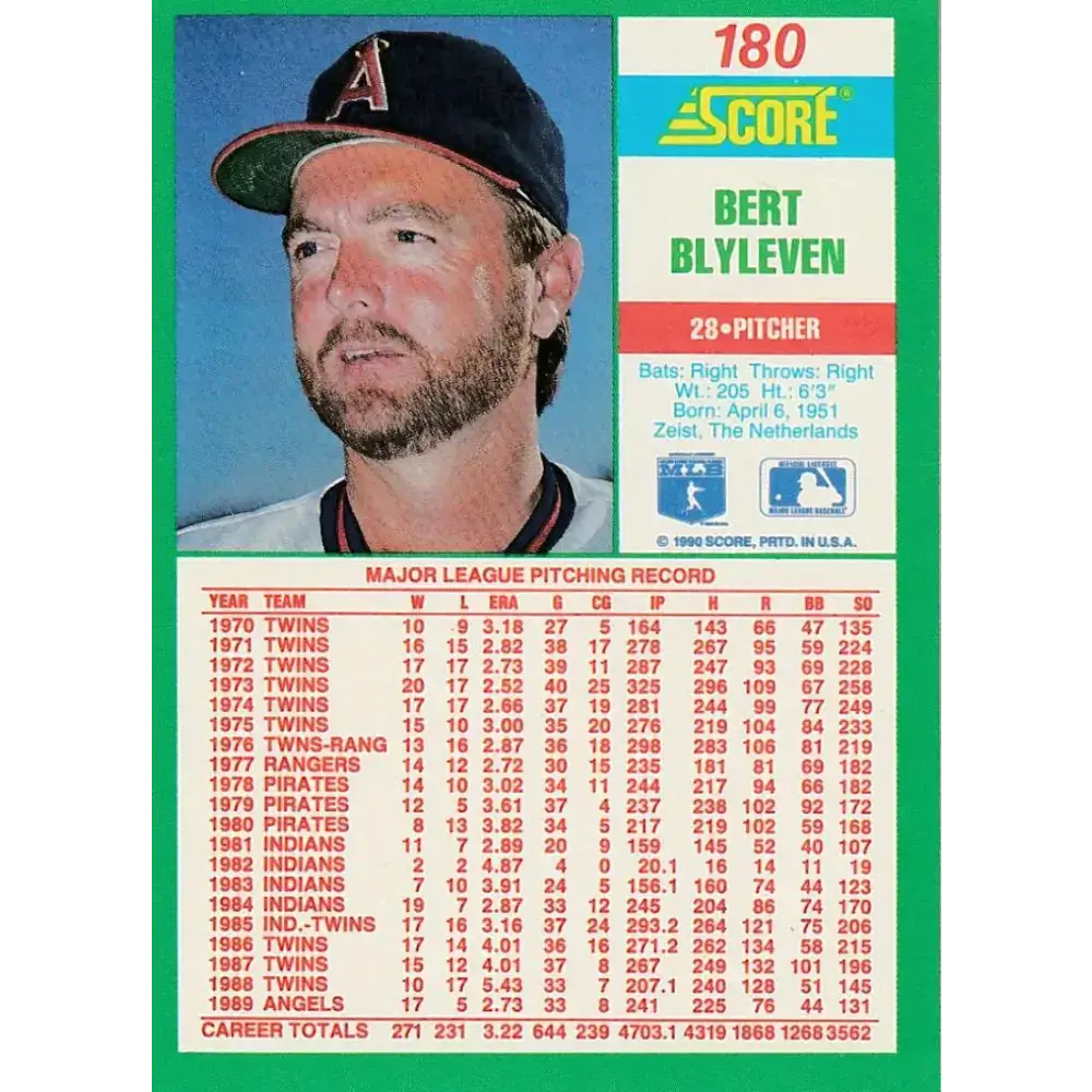 1990 Score #180 Bert Blyleven NM-MT California Angels Baseball Card - Baseball Card Single