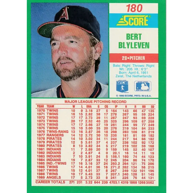 1990 Score #180 Bert Blyleven NM-MT California Angels Baseball Card - Baseball Card Single