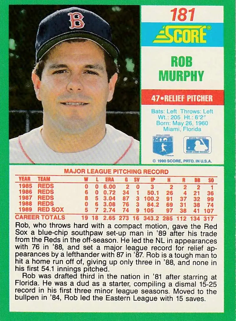 1990 Score #181 Rob Murphy EX Excellent Boston Red Sox Baseball Card - Baseball Card Single