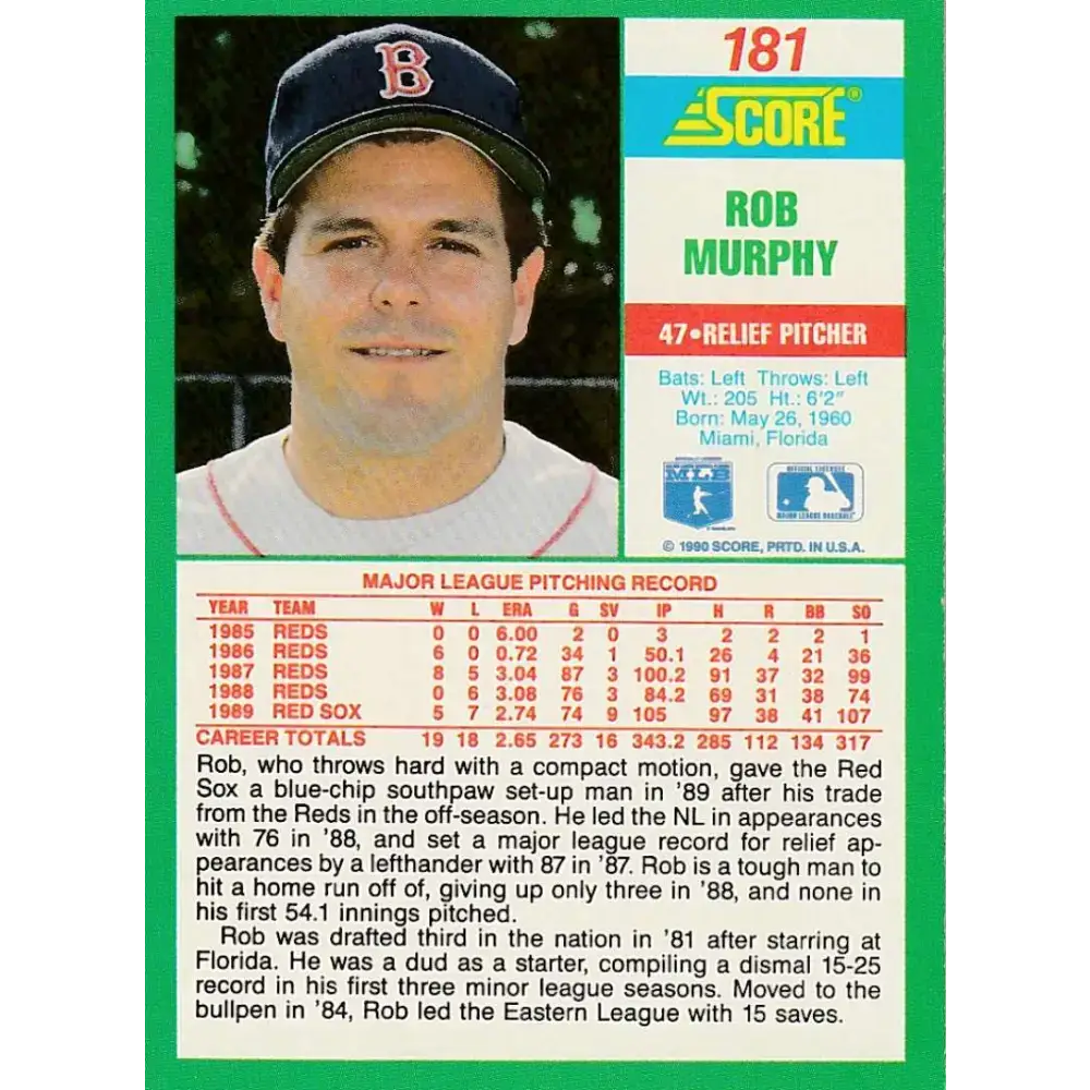 1990 Score #181 Rob Murphy NM-MT Boston Red Sox Baseball Card - Baseball Card Single