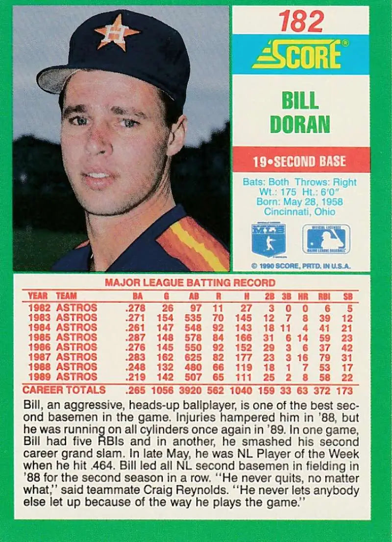 1990 Score #182 Bill Doran EX Excellent Houston Astros Baseball Card - Baseball Card Single