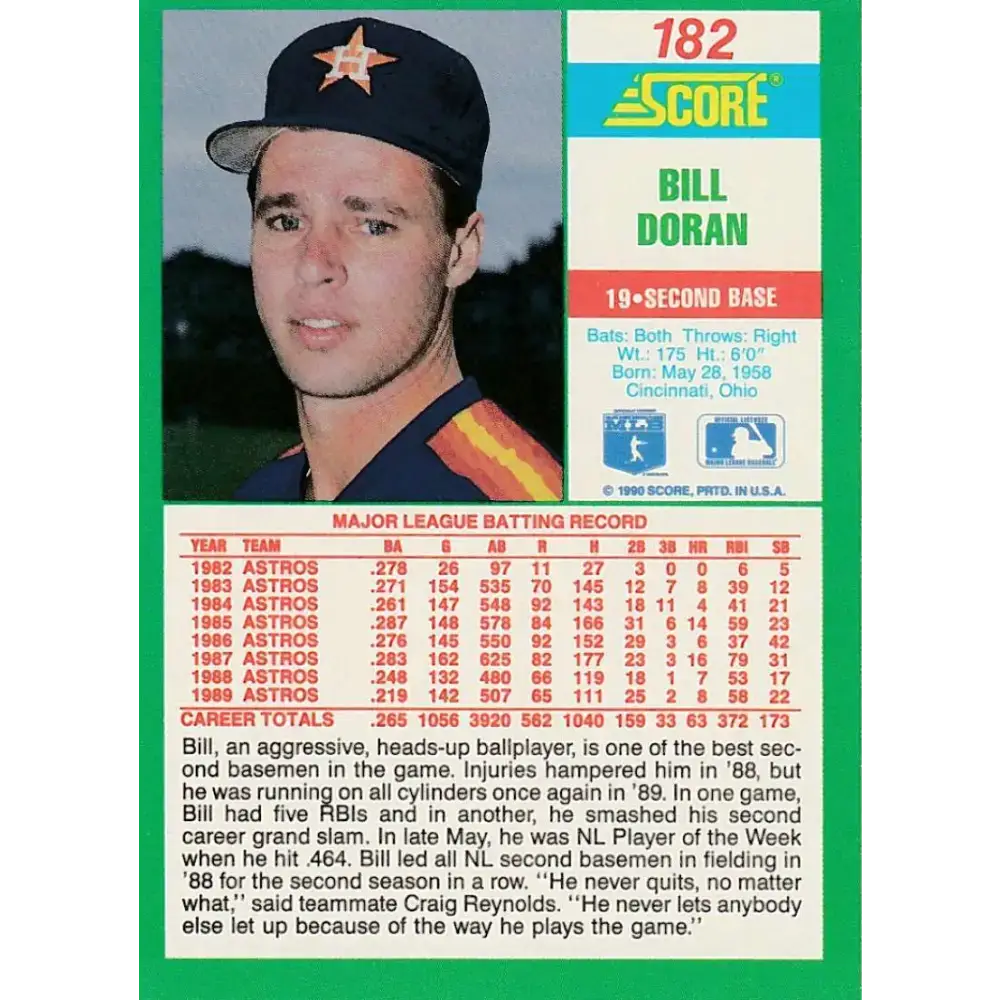 1990 Score #182 Bill Doran NM-MT Houston Astros Baseball Card - Baseball Card Single