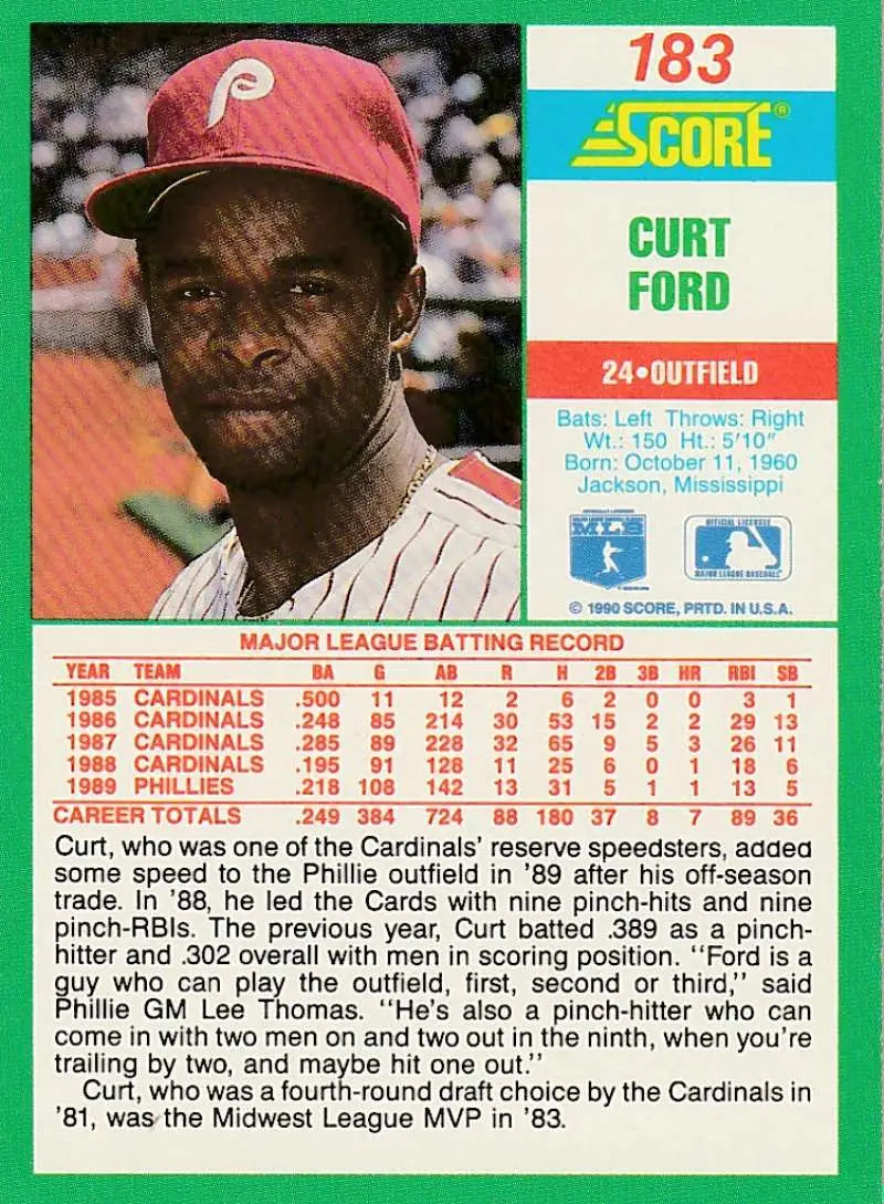 1990 Score #183 Curt Ford EX Excellent Philadelphia Phillies Baseball Card - Baseball Card Single