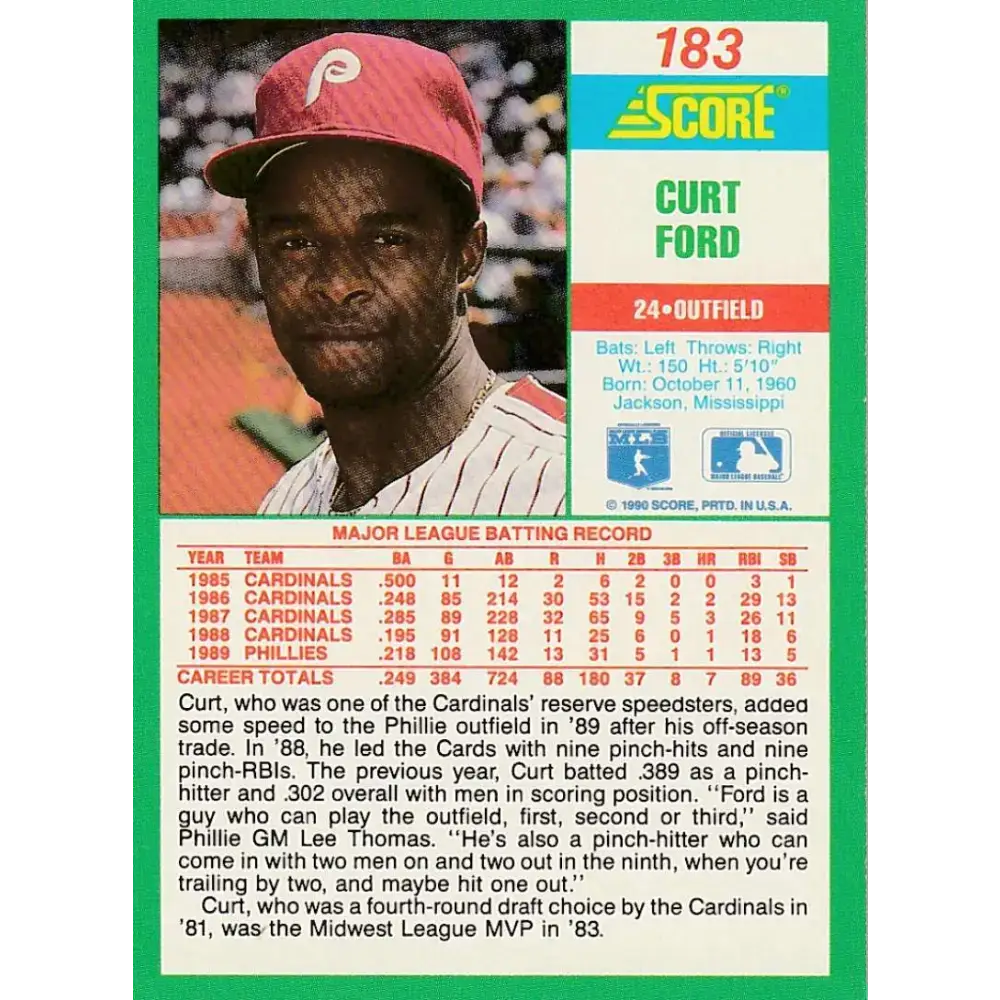 1990 Score #183 Curt Ford NM-MT Philadelphia Phillies Baseball Card - Baseball Card Single
