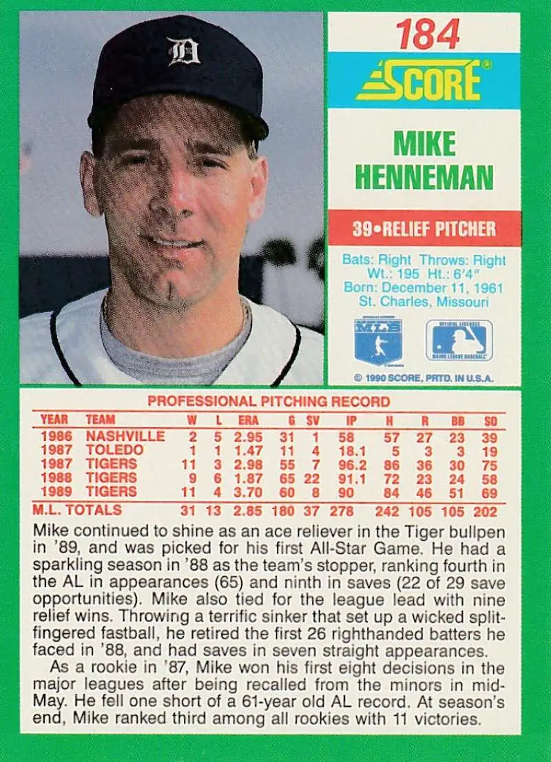 1990 Score #184 Mike Henneman EX Excellent Detroit Tigers Baseball Card