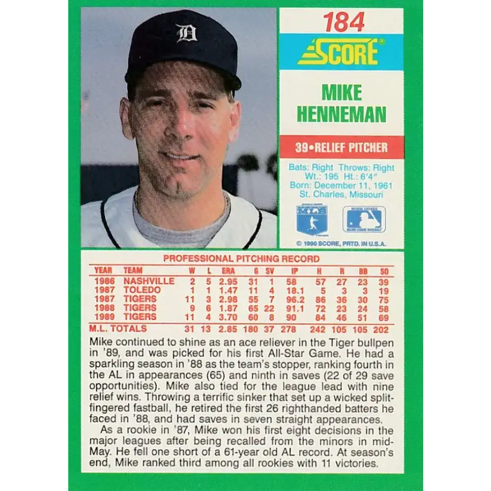 1990 Score #184 Mike Henneman NM-MT Detroit Tigers Baseball Card - Baseball Card Single