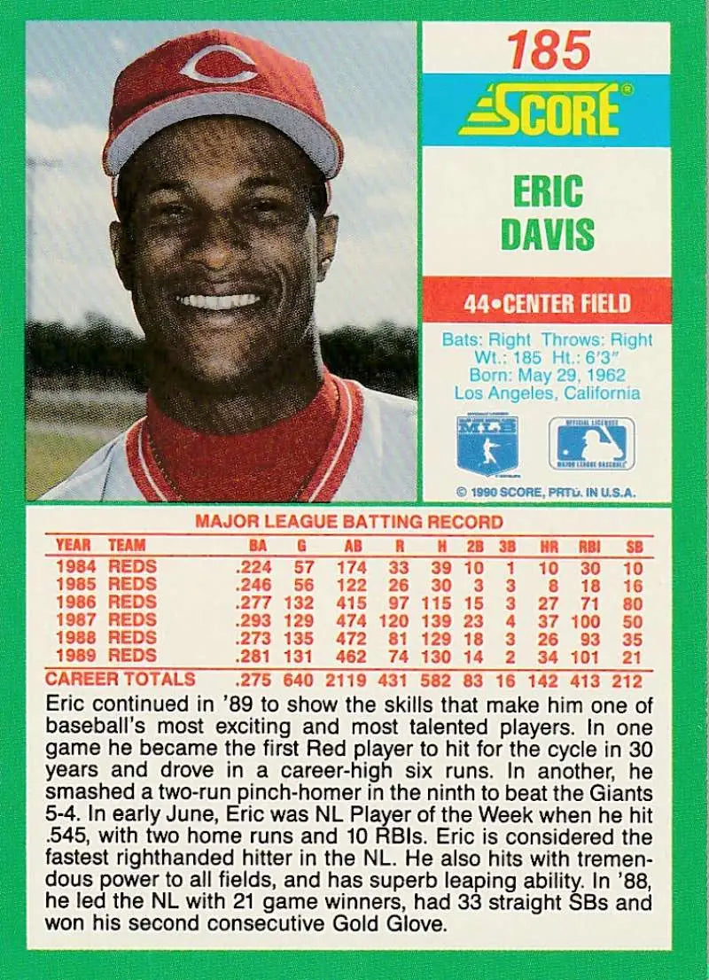 1990 Score #185 Eric Davis EX Excellent Cincinnati Reds Baseball Card - Baseball Card Single