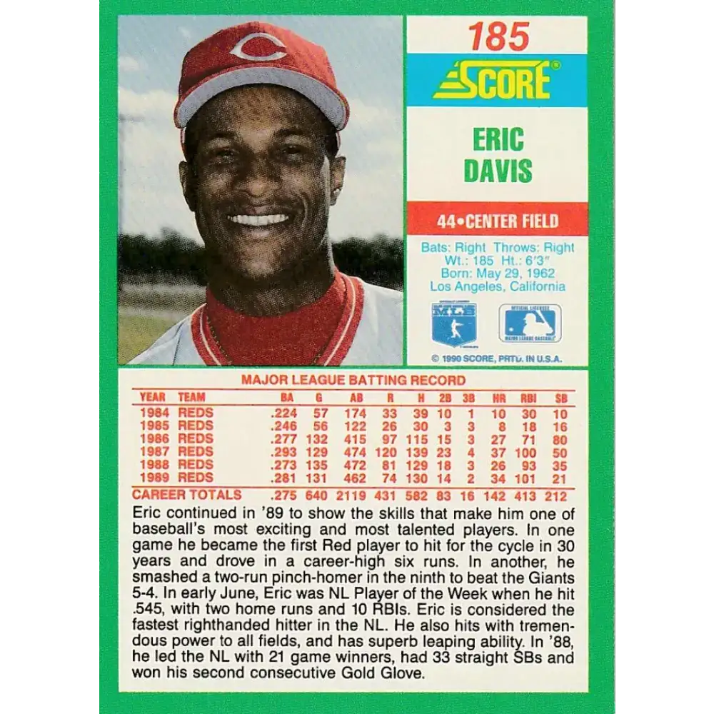 1990 Score #185 Eric Davis NM-MT Cincinnati Reds Baseball Card - Baseball Card Single