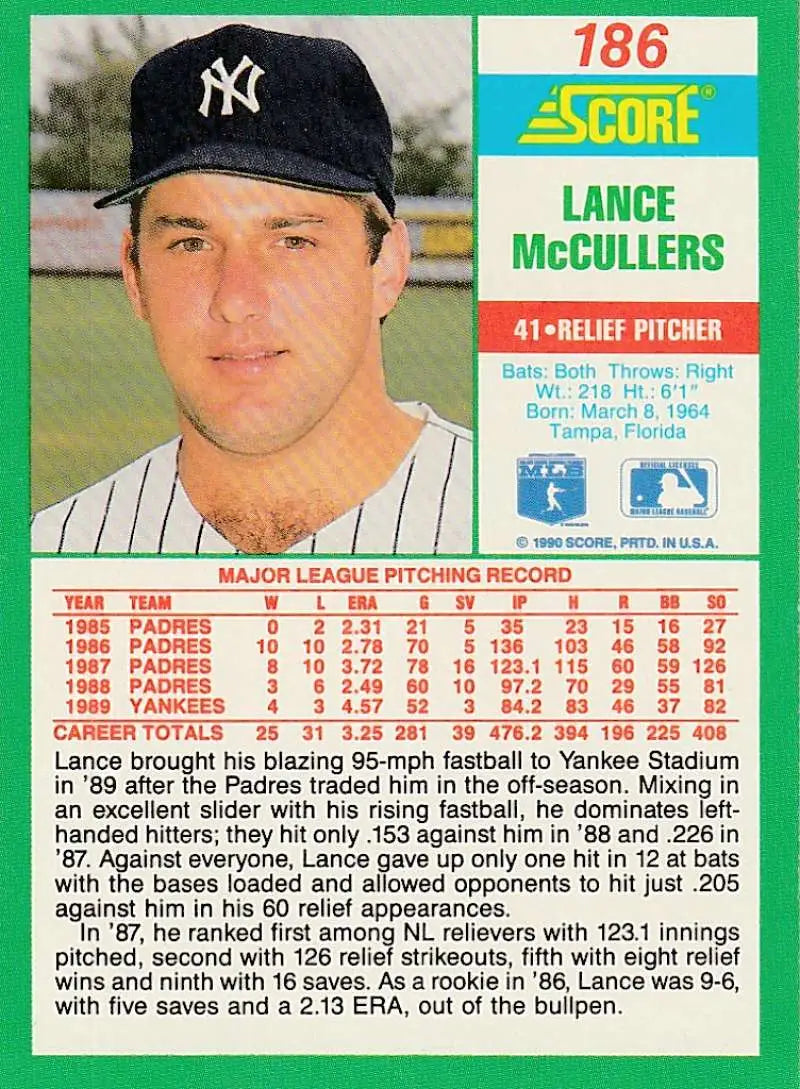 1990 Score #186 Lance McCullers EX Excellent New York Yankees Baseball Card - Baseball Card Single