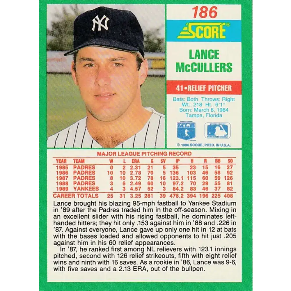 1990 Score #186 Lance McCullers NM-MT New York Yankees Baseball Card - Baseball Card Single