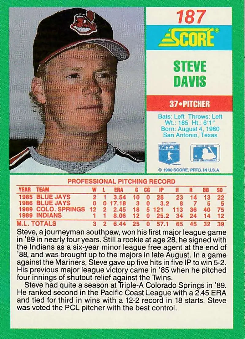 1990 Score #187 Steve Davis EX Excellent RC Rookie Cleveland Indians Baseball Card - Baseball Card Single