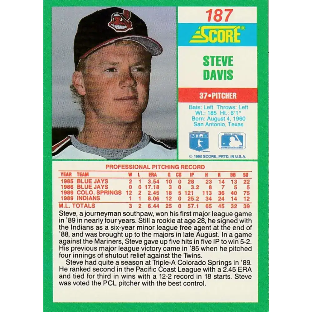 1990 Score #187 Steve Davis NM-MT RC Rookie Cleveland Indians Baseball Card - Baseball Card Single