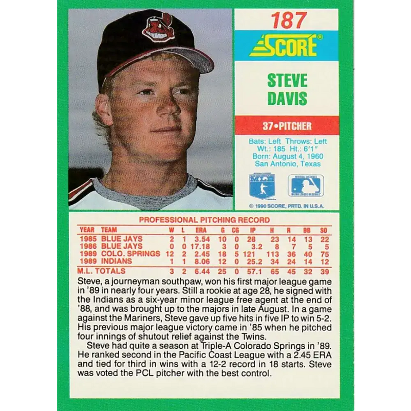 1990 Score #187 Steve Davis NM-MT RC Rookie Cleveland Indians Baseball Card - Baseball Card Single