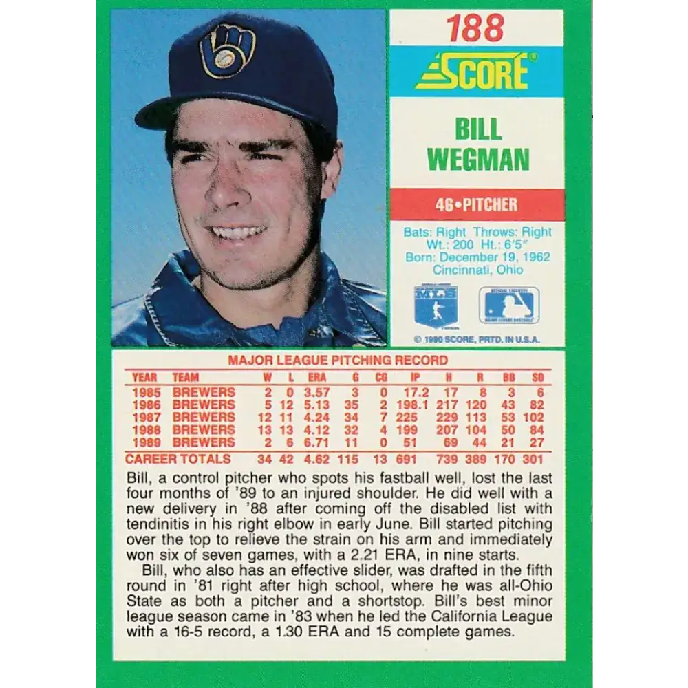 1990 Score #188 Bill Wegman NM-MT Milwaukee Brewers Baseball Card - Baseball Card Single