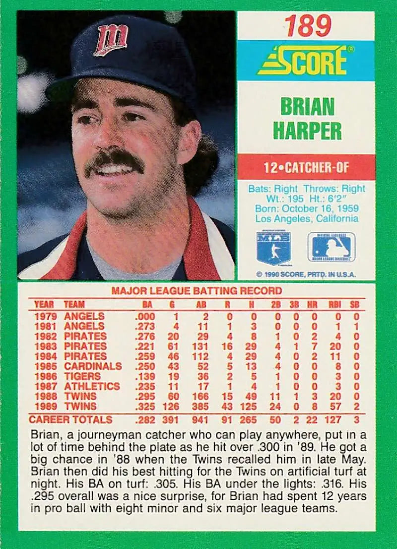 1990 Score #189 Brian Harper EX Excellent Minnesota Twins Baseball Card - Baseball Card Single