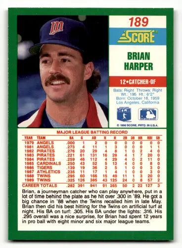 Original gloss Brian Harper baseball card from 1990 Score #189 featuring Twins player