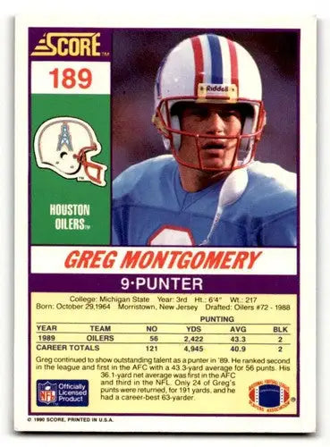 1990 Score #189 Greg Montgomery Houston Oilers Football Cards EX/NM ID:57429 - Football Card Single