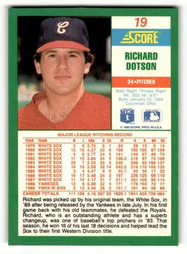 Original gloss Richard Dotson Chicago White Sox baseball card in 1990 Score series
