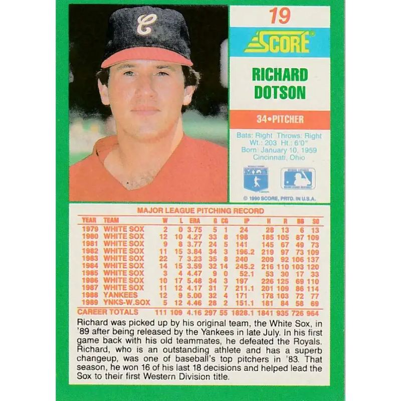 1990 Score #19 Richard Dotson NM-MT Chicago White Sox Baseball Card - Baseball Card Single